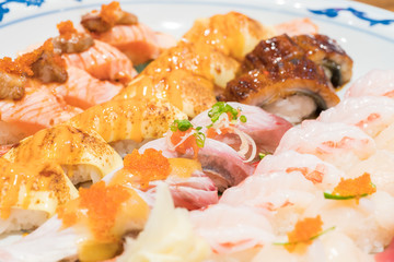 Close up and Selective focus point on Seafood sushi japanese food style
