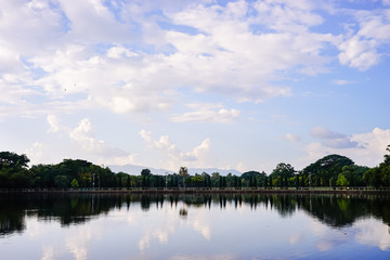 lake landscape with blue sky and clouds in summer