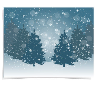 Christmas, New Year s gift card. The stylized image of blue spruce trees on a winter day. Snow in winter forest. Snowflakes. illustration