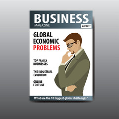 The blank magazine cover, businessman thinking about a problem