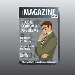 The blank magazine cover, businessman thinking about a problem