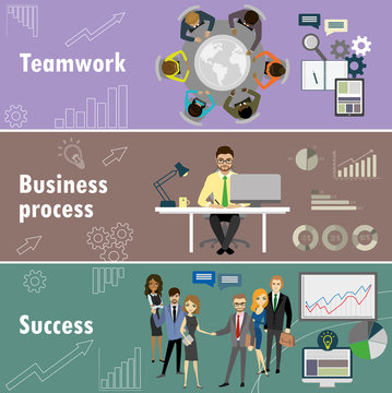 flat banner set with teamwork, business process and success