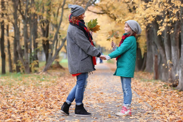 Fototapeta premium family woman and daughter walk autumn park