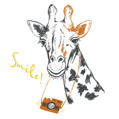 Fun sketch illustration of a giraffe photographer. © ElenaMedvedeva