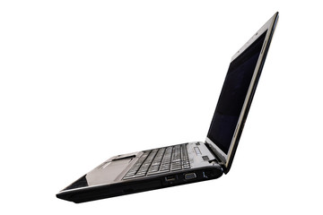 Old black laptop, side view, isolated on white background