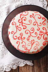 festive red velvet cake close up on the table. vertical top view