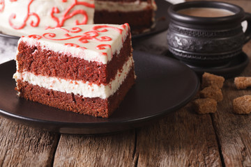 Beautiful delicious slice of red velvet cake macro. horizontal