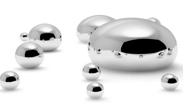 Small shiny mercury (Hg) metal drops and droplets of toxic mercury chemical element metal liquid on white background closeup view, 3d animation
