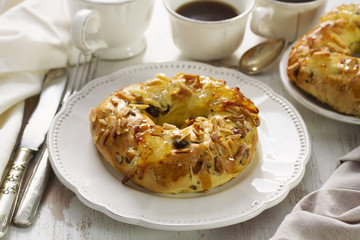 cake on white dish on wooden background