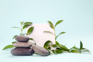 Fototapeta na wymiar Blank paper surrounded by balanced spa stones