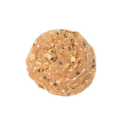 Oatmeal cookies with nuts and sesame seeds isolated on white bac