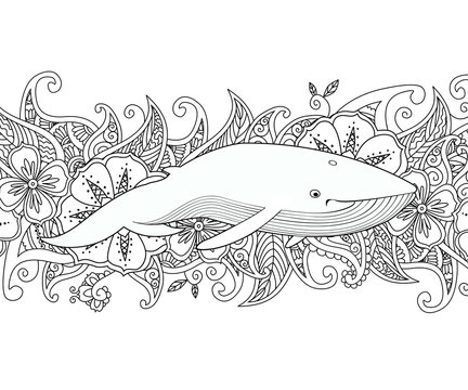 Coloring page with whale in the sea on flower border background.