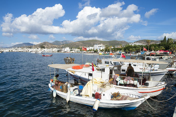 Fototapeta na wymiar Scenic view of Bodrum, Turkey with fishing boats lining the marina