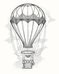 Fototapeta na wymiar Retro hand drawing hot air balloon. Vintage hot air airship vector sketch