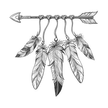 Vintage nativity hand drawn arrow with feathers. Tribal boho indian dreamcatche talisman isolated on white background. Vector illustration