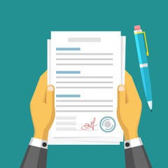 Business design. Hands holding contract. Flat illustration