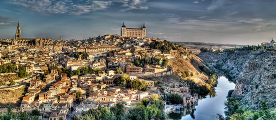 Panorama of the old city of Toledo, Tagus river, Spain - obrazy, fototapety, plakaty