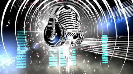 Microphone, headphones & equalizer. Background for headline of opening music festival, competition, show, interview, concert.  OP. For editing of announcement, name, title, text, logo.