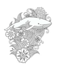 Coloring page with whale in flowers and leafs isolated on white background.