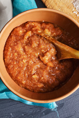 Tomato mushroom sauce overhead