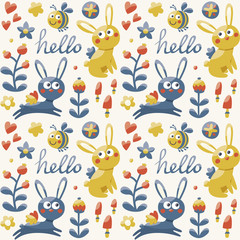 Seamless cute pattern made with fox, rabbit, hare, flowers, animals, plants, hearts, hello for kid