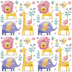 Seamless cute pattern made with elephants, lion,giraffe, birds, plants, jungle, flowers, hearts, leafs, stone, berry for kids