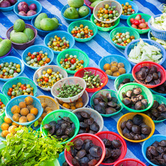Thai exotic food in street food market with vegetable and fruit.