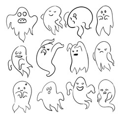 Cartoon spooky sketchy Ghost character vector set. Holiday monster design. Costume evil silhouette Helloween night symbol.