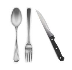 fork, knife and spoon on a white background