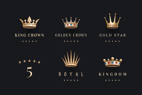 Set of royal gold crowns icon and logo. Isolated luxury logo for branding, label, game, hotel, graphic design. Collection logo crowns for royal persons, king, queen, princess. Vector Illustration
