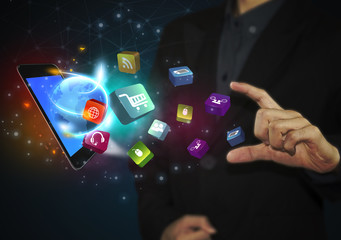 business hand touching tablet with social media icons and communication concept.
