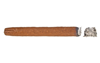 Brown cigar burned on white background