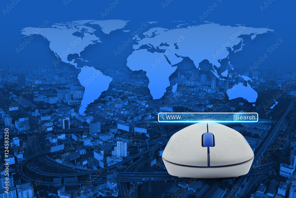 Poster wireless computer mouse with search www button over city tower,