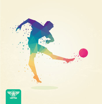 Football player, striking the ball with his foot. Blurred movement of the ball. Stylized polygonal. vector eps8