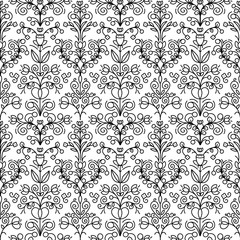 Seamless floral linear pattern. Black and white background
