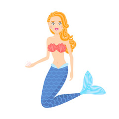 Mermaid cute girl vector illustration. Cartoon young blonde redhead mermaid with pearl in hand.
