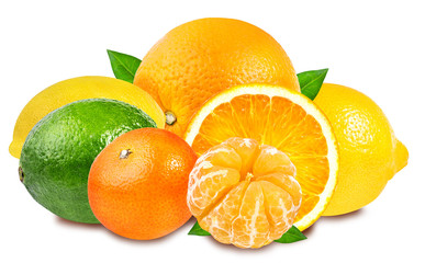 Citrus Fruit Set (tangerine, orange, lime, lemon) isolated on wh