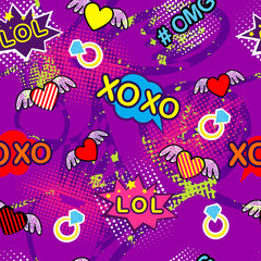 Naklejka premium Abstract seamless pattern for girl and boy. Creative colorful wallpaper with Pop art comics speech bubbles, clouds,words. Grunge urban background for textile, fashion, sport clothes.Pink, purple, neon