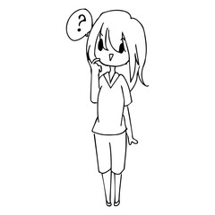 illustration vector hand drawn doodle of  little confused girl with question mark in speech balloon