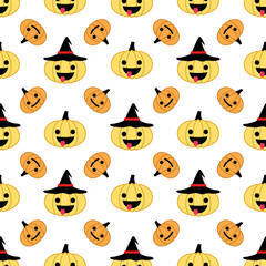 White Halloween pumpkin seamless pattern with hats
