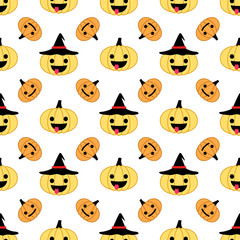 White Halloween pumpkin seamless pattern with hats