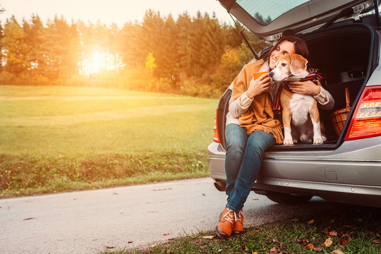 Woman with dog sits in car trunk on autumn road