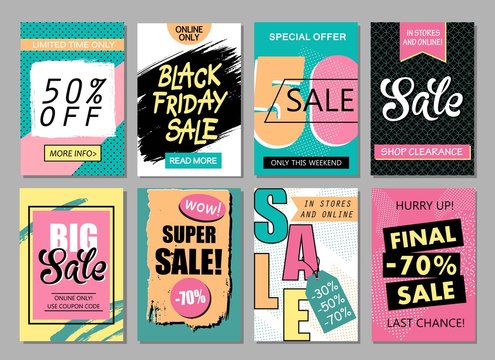 Set of social media sale website and mobile banner templates. Vector banners, posters, flyers, email, newsletter, ads, promotional material. Typography discount card design.