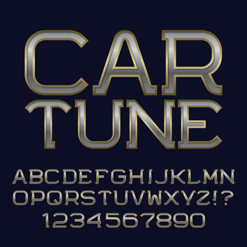 Iron Gold Letters And Numbers. Metallic Font. Isolated English Alphabet With Text Car Tune.