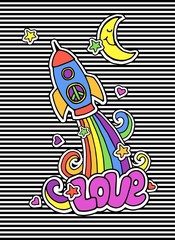 Cute fashion colorful t-shirt design, background, cover with patch badges. Space, rocket, stars, rainbow, moon, hearts, peace. Set of doodle stickers, pins, in cartoon 80s-90s comic style.