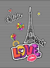Fototapeta na wymiar Cute fashion chic t-shirt design, background, cover with patch badges. Paris romantic design, rainbow, lips, hearts, Eiffel tower. Set of doodle stickers, pins, in cartoon 80s-90s comic style.