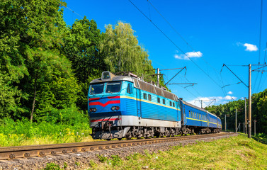 Naklejka premium Passenger train in Kiev Region of Ukraine