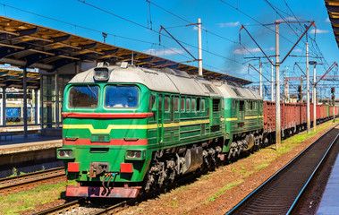 Naklejka premium Freight train at Darnytsia railway station in Kyiv, Ukraine