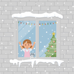 Child is happy to see snowflakes looking out the window. Christmas banner. Christmas holidays. Vector illustration in flat cartoon style.