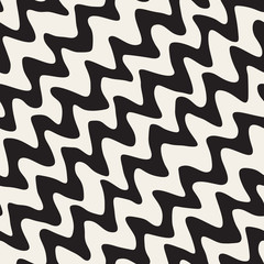 Vector Seamless Black and White Hand Drawn Diagonal Wavy Zigzag Lines Pattern